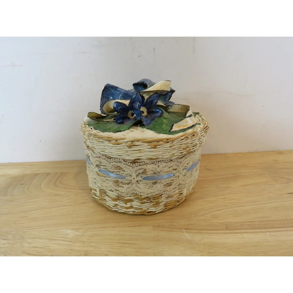 Vintage Floral Woven Nesting Baskets Set of 4 Decorative Lace Trim Storage Boxes